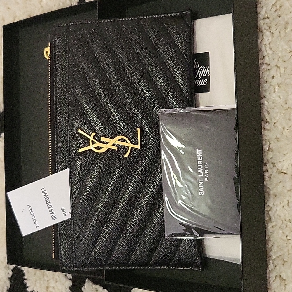 Yves Saint Laurent Black Quilted Leather Zip Pouch with Gold YSL Monogram